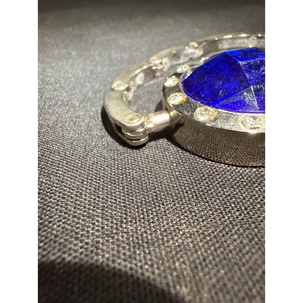 Silver Foldable Purse Hook With Blue Gem & Rhinestones - Picture 8 of 10